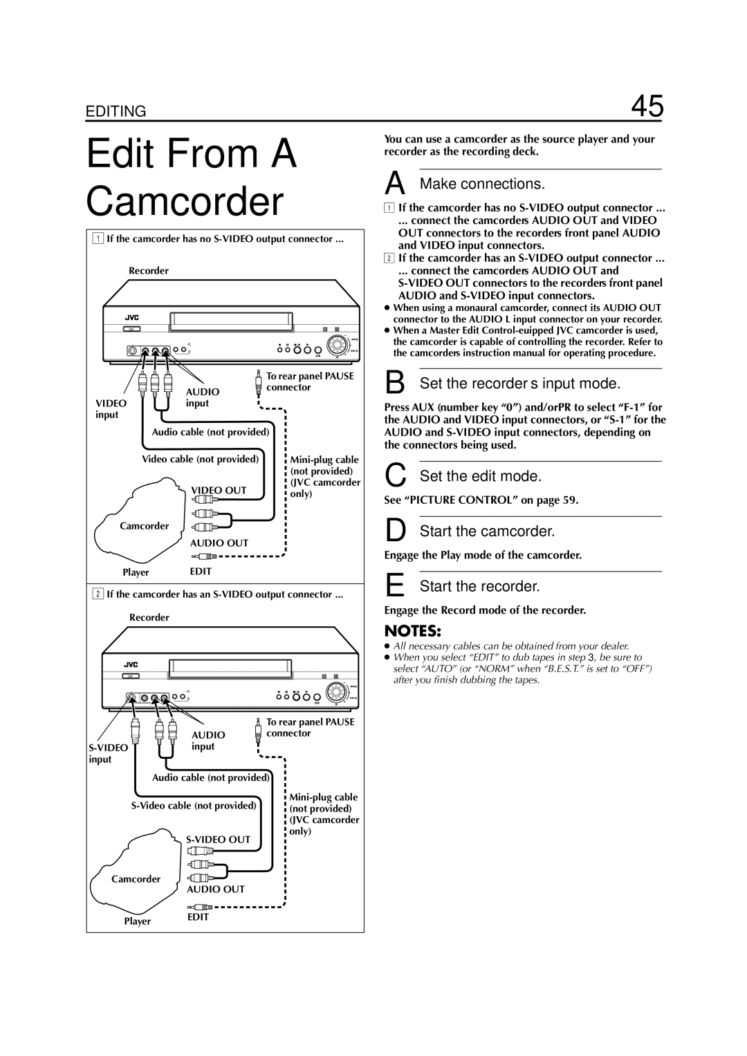 JVC HR-S8850EU specifications Edit From a Camcorder, Set the recorder’s input mode, Set the edit mode, Start the camcorder 