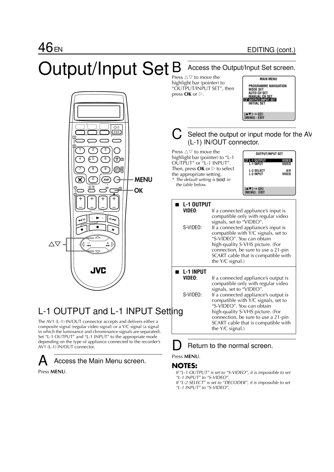 JVC HR-S8850EU specifications 46 EN, Access the Output/Input Set screen 