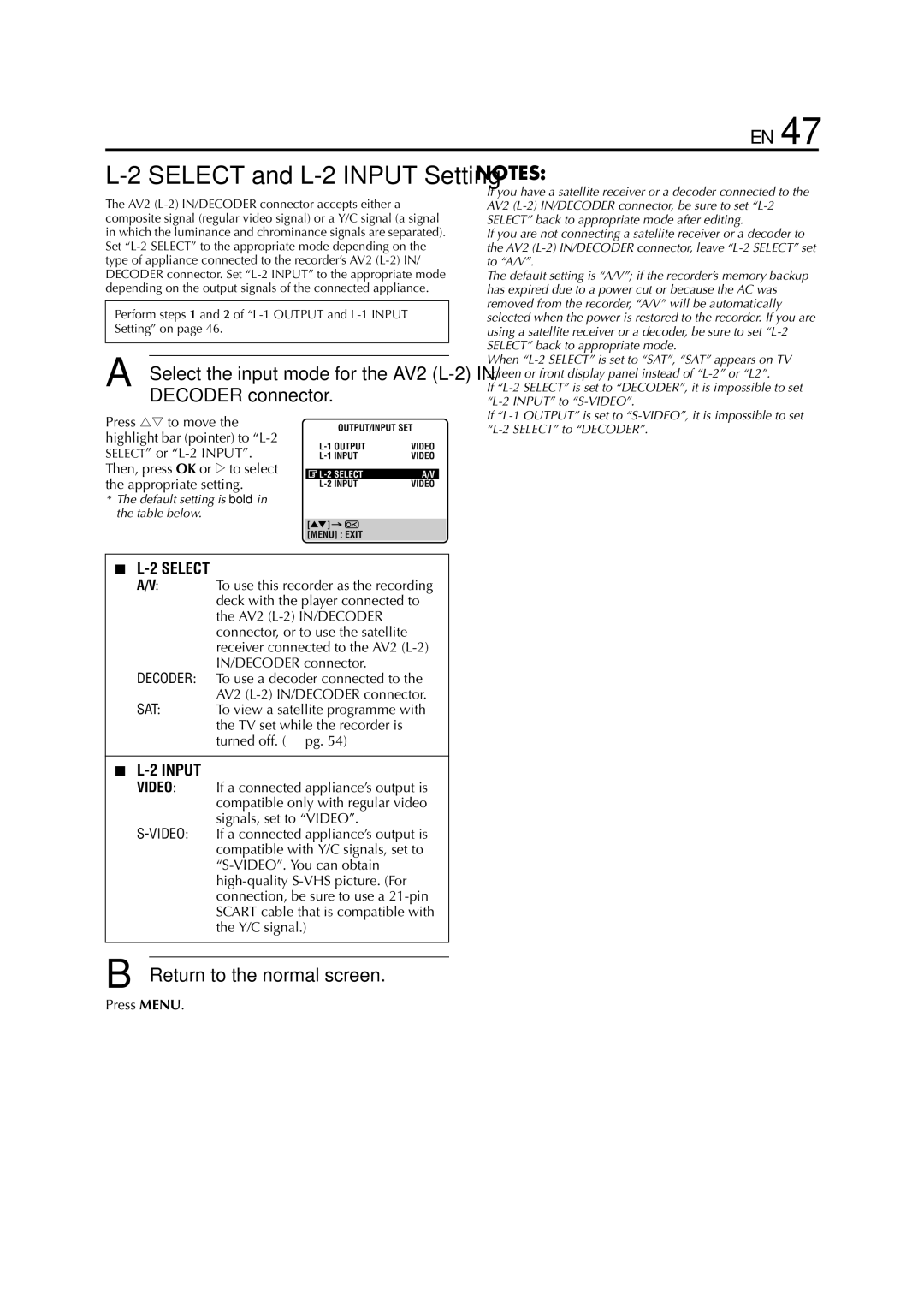 JVC HR-S8850EU specifications Select and L-2 Input Setting, Decoder connector 