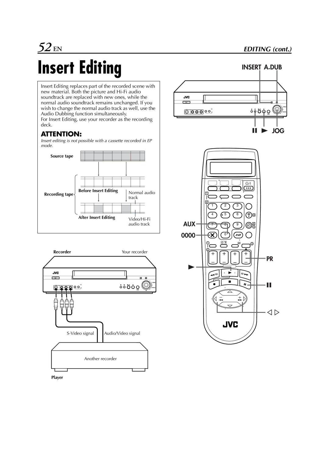 JVC HR-S8850EU specifications Insert Editing, 52 EN 