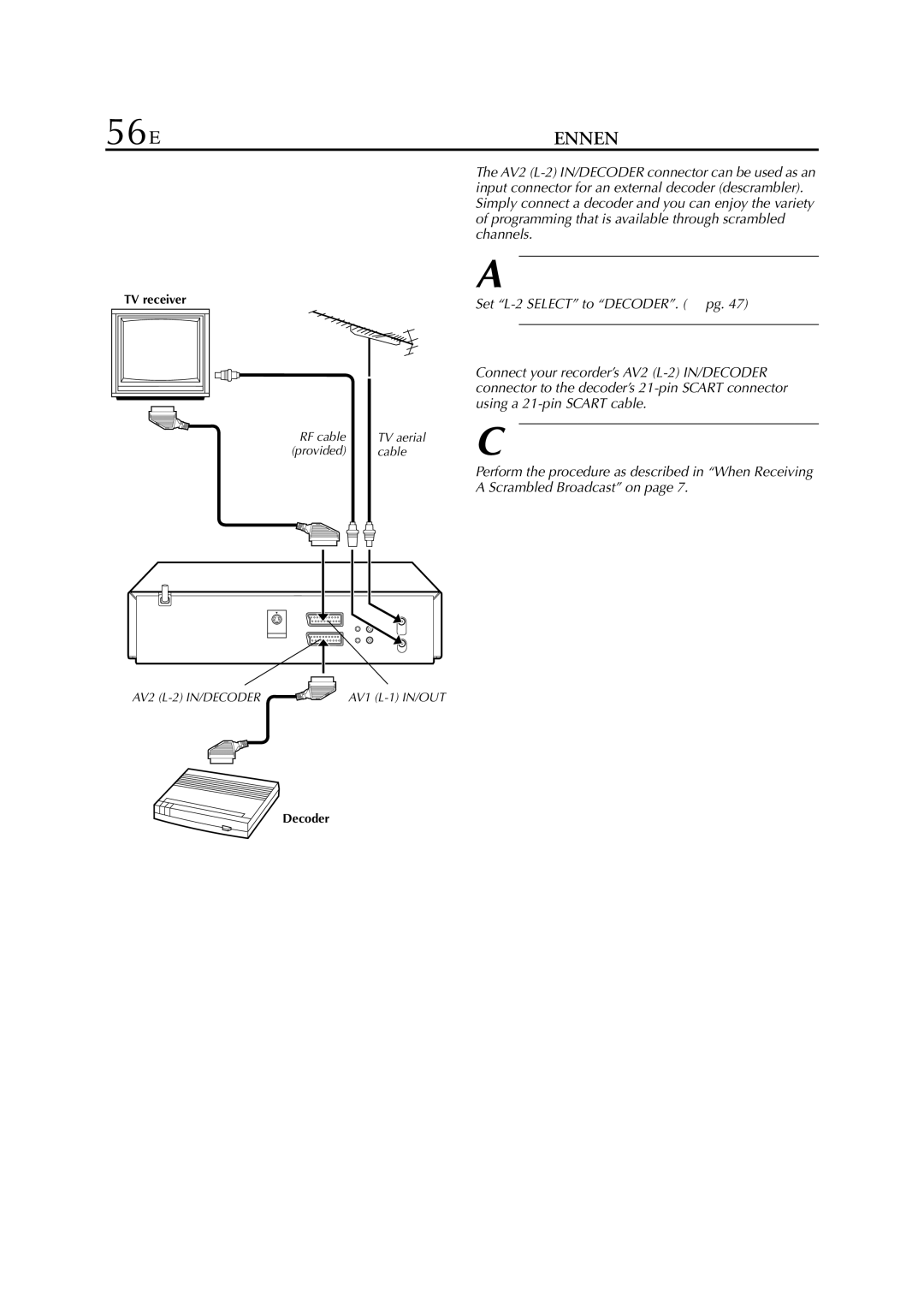 JVC HR-S8850EU 56 EN, Select the input mode, Connect the decoder, Set the tuner, Set L-2 Select to DECODER.  pg 