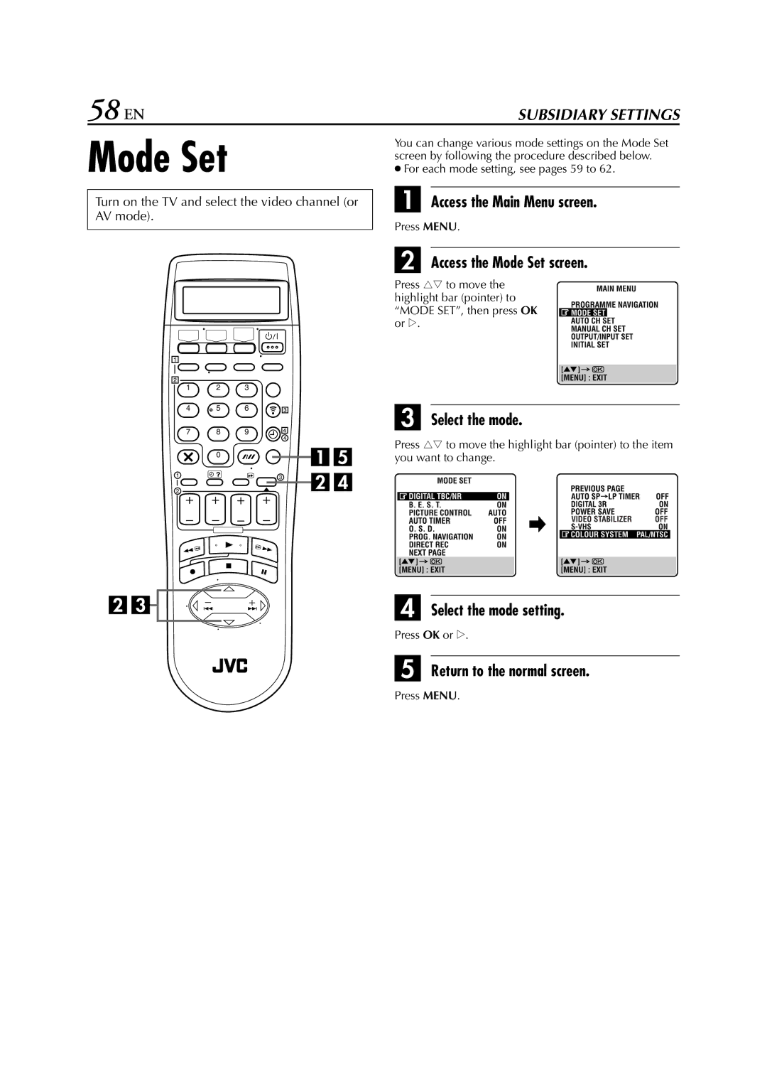 JVC HR-S8850EU specifications 58 EN, Access the Mode Set screen, Select the mode setting 