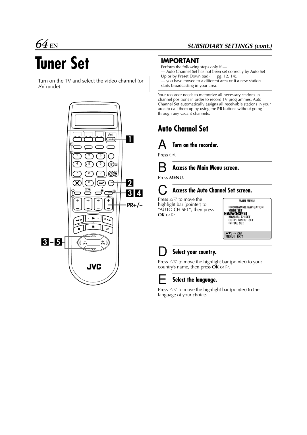 JVC HR-S8850EU specifications Tuner Set, 64 EN, Access the Auto Channel Set screen 