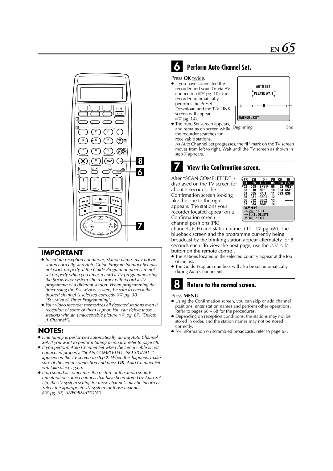 JVC HR-S8850EU specifications Perform Auto Channel Set, View the Confirmation screen, Press OK twice 