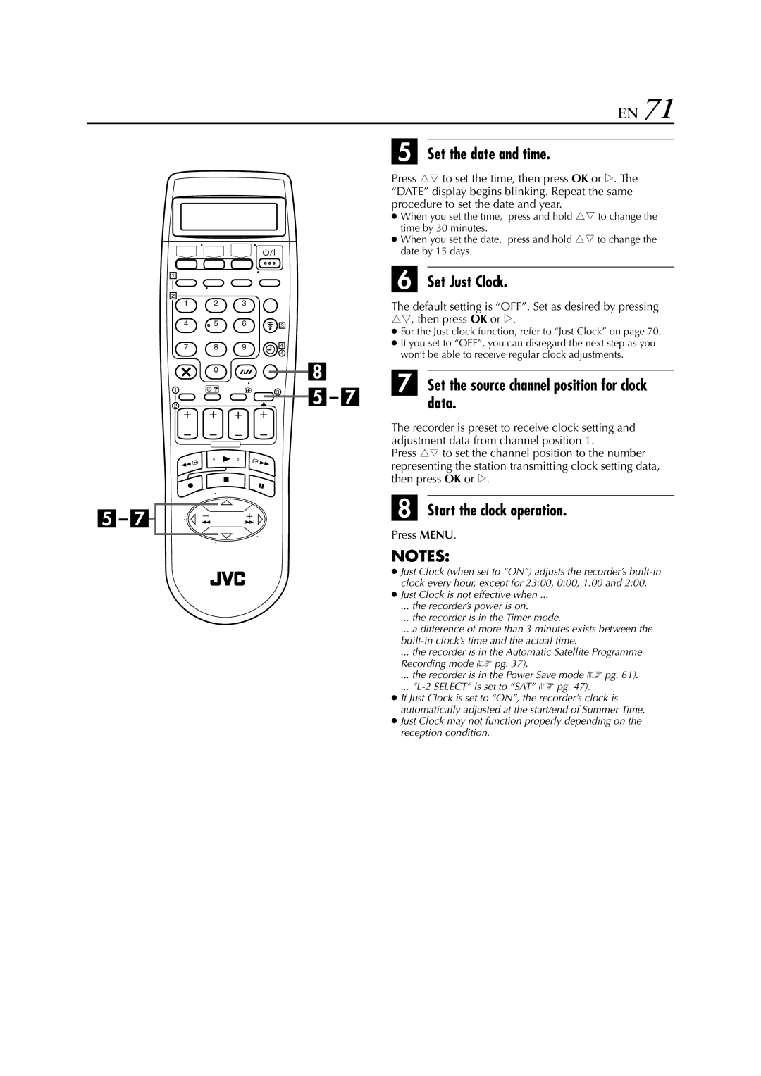 JVC HR-S8850EU specifications Set the date and time, Set Just Clock, Set the source channel position for clock data 