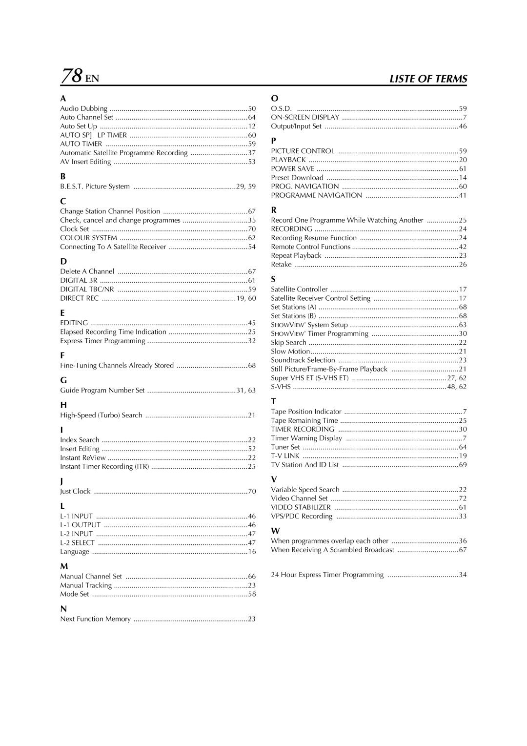 JVC HR-S8850EU specifications 78 EN, Liste of Terms 