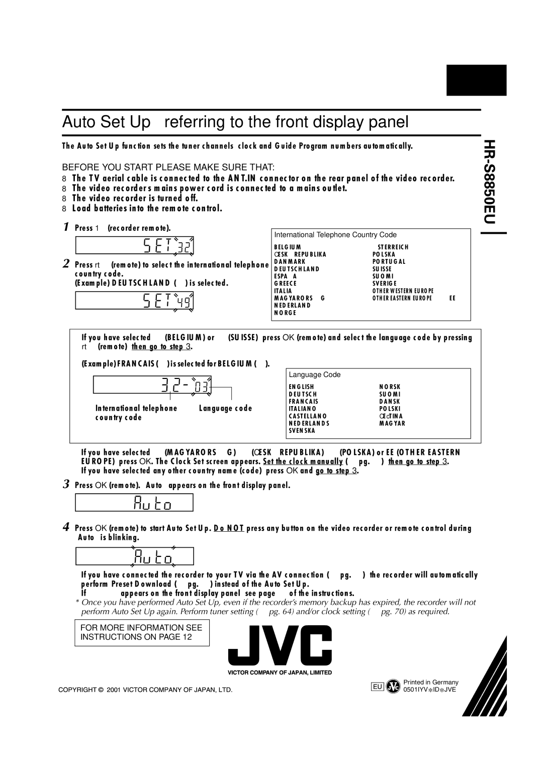 JVC HR-S8850EU specifications International telephone Language code, Country code 