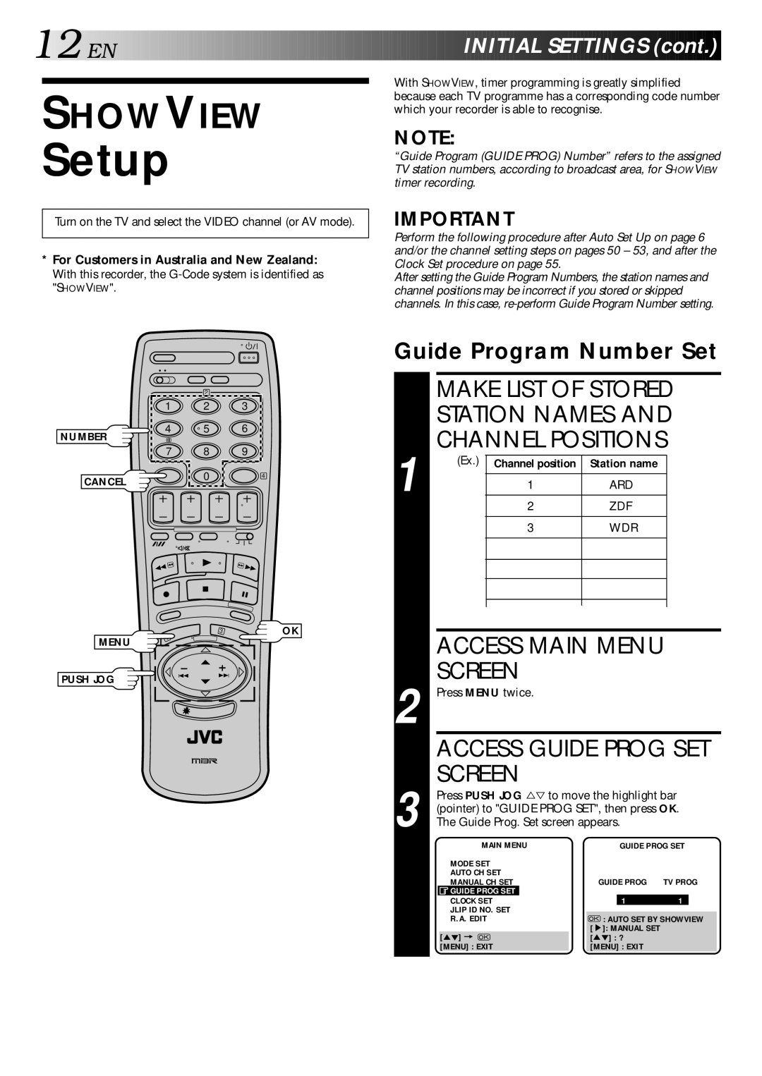 JVC HR-S9400EH specifications Setup, Make List of Stored Station Names Channel Positions, Guide Program Number Set 