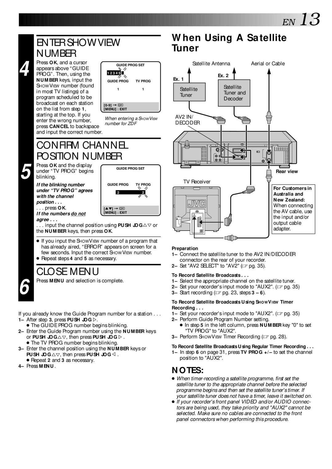 JVC HR-S9400EH Enter Showview Number, Confirm Channel Position Number, Close Menu, When Using a Satellite Tuner 