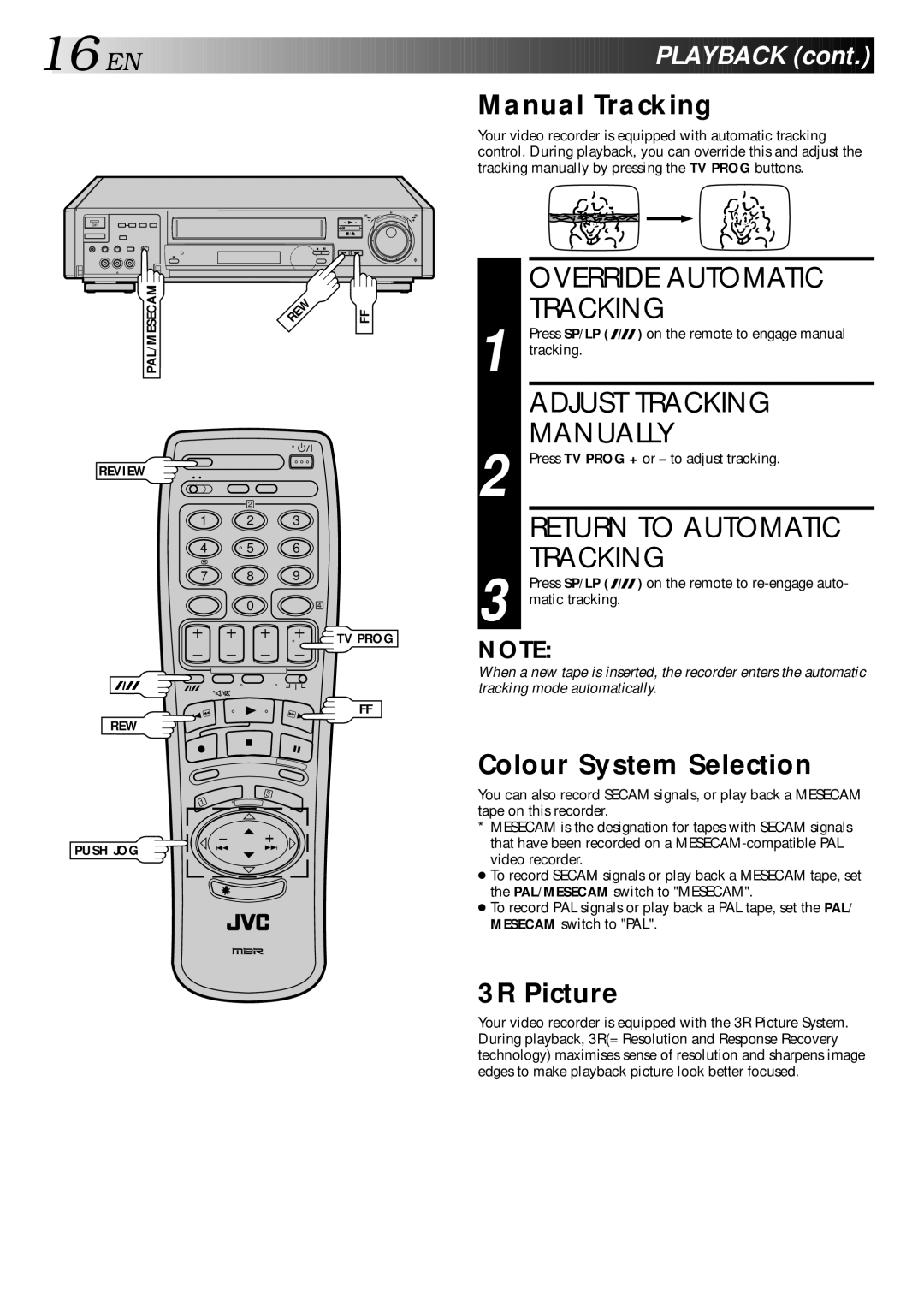 JVC HR-S9400EH specifications Override Automatic Tracking, Adjust Tracking, Manually, Return to Automatic 