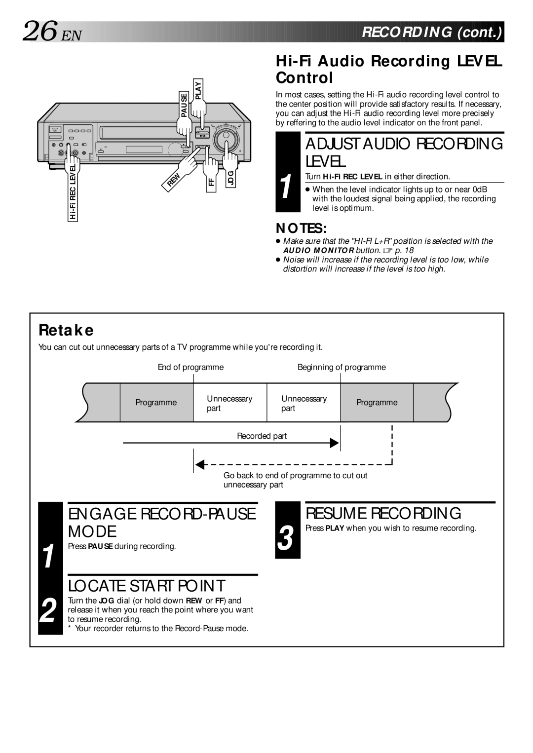 JVC HR-S9400EH specifications Level, Engage RECORD-PAUSE Mode, Locate Start Point, Resume Recording 