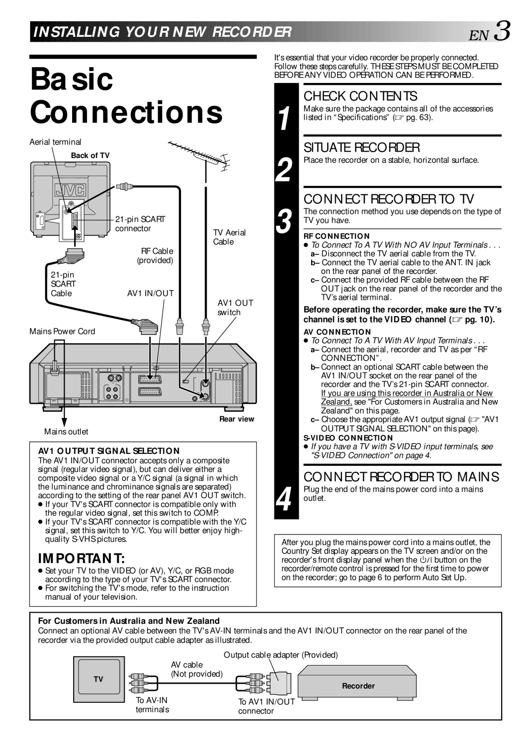 JVC HR-S9400EH specifications Basic Connections, Installing Your NEW Record ER, For Customers in Australia and New Zealand 