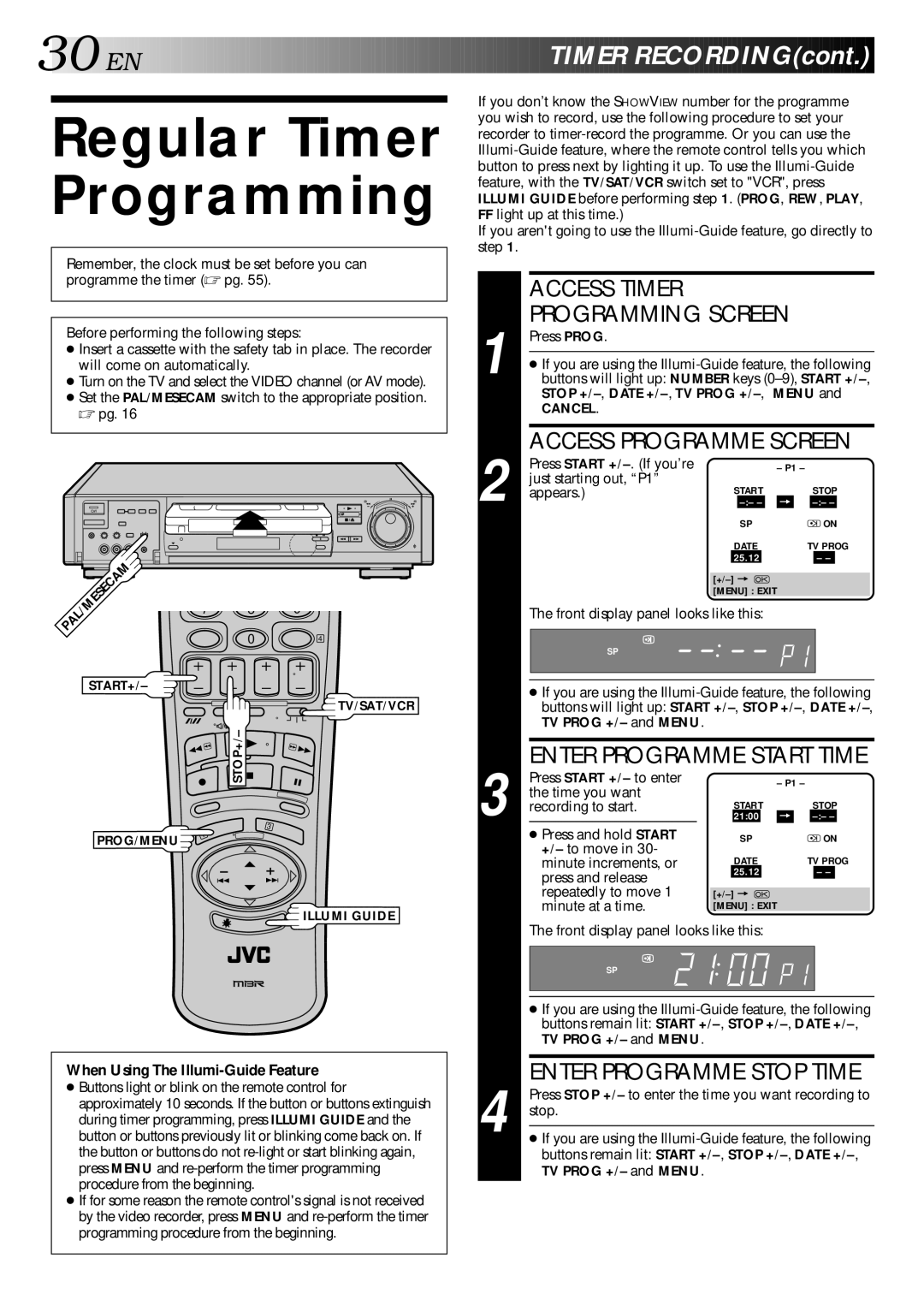 JVC HR-S9400E Regular Timer, Programming, EN Timer RECORDINGcont, Stop +/- , Date +/- , TV Prog +, TV Prog +/- and Menu 