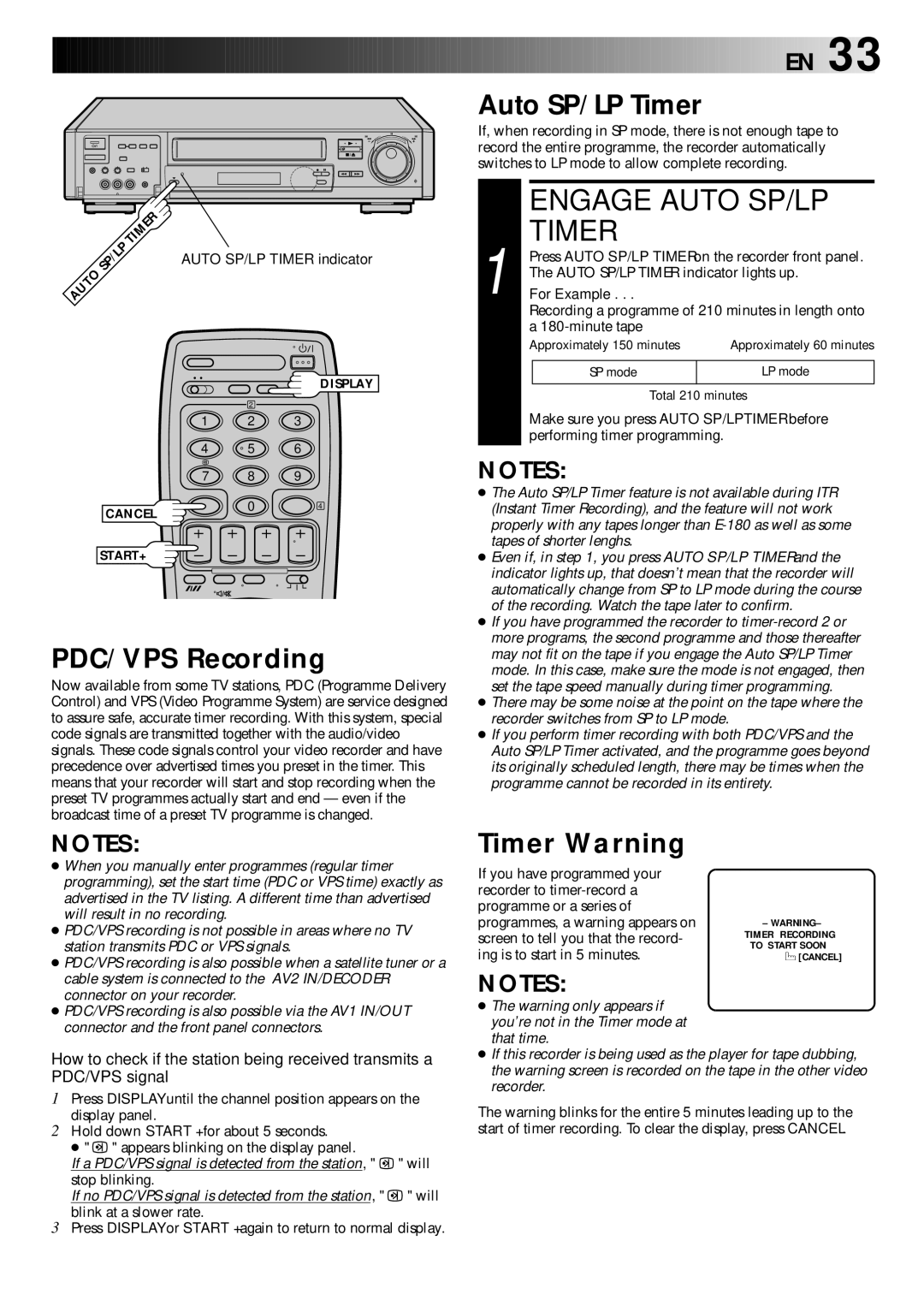 JVC HR-S9400EH specifications Engage Auto SP/LP, Auto SP/LP Timer, Timer Warning, For Example 