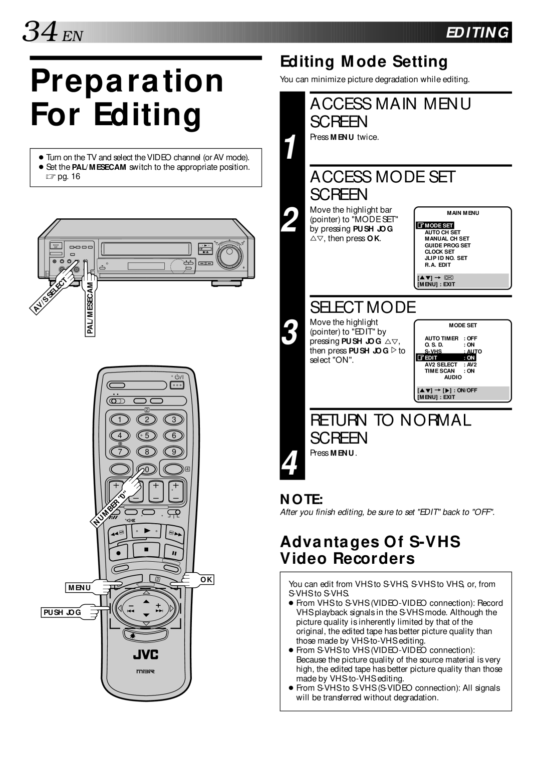 JVC HR-S9400EH specifications Preparation, For Editing, Editing Mode Setting, Advantages Of S-VHS Video Recorders 