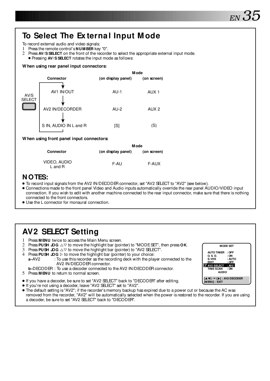 JVC HR-S9400EH specifications To Select The External Input Mode, AV2 Select Setting, When using rear panel input connectors 