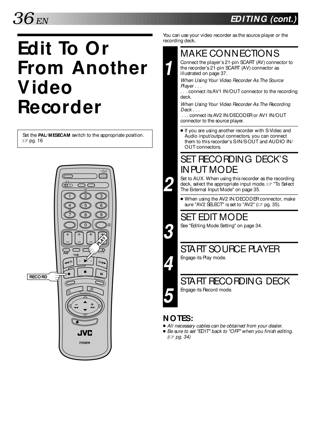 JVC HR-S9400EH specifications Edit To Or From Another Video Recorder 