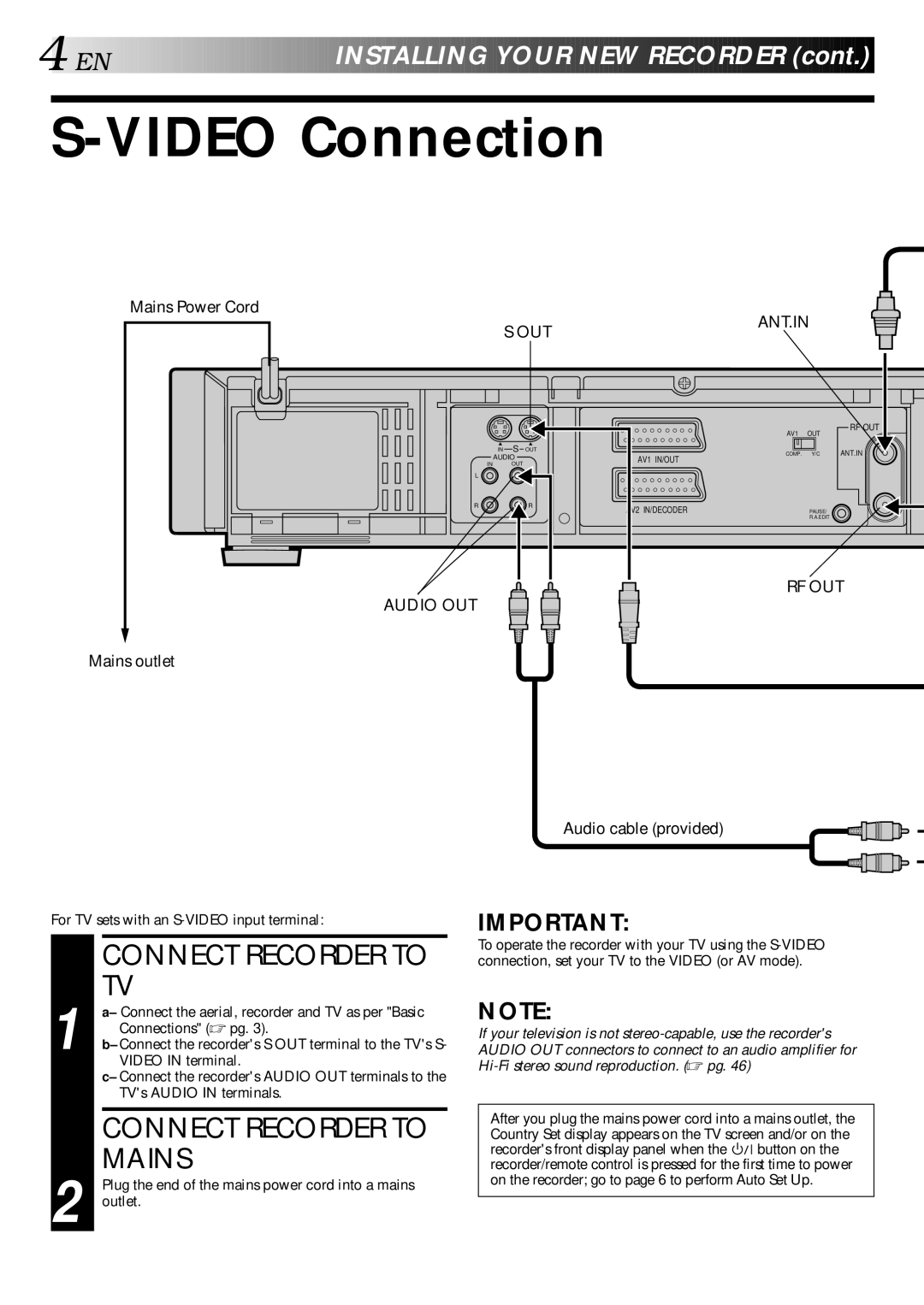 JVC HR-S9400E Video Connection, Connect Recorder to TV, Connect Recorder to Mains, INS Talling YO UR NEW R Ecorder 