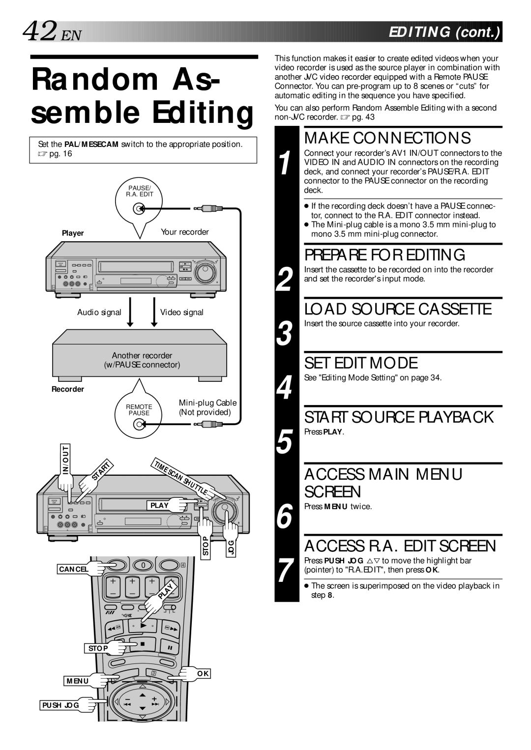 JVC HR-S9400EH Random As- semble Editing, Prepare for Editing, Load Source Cassette, Start Source Playback 