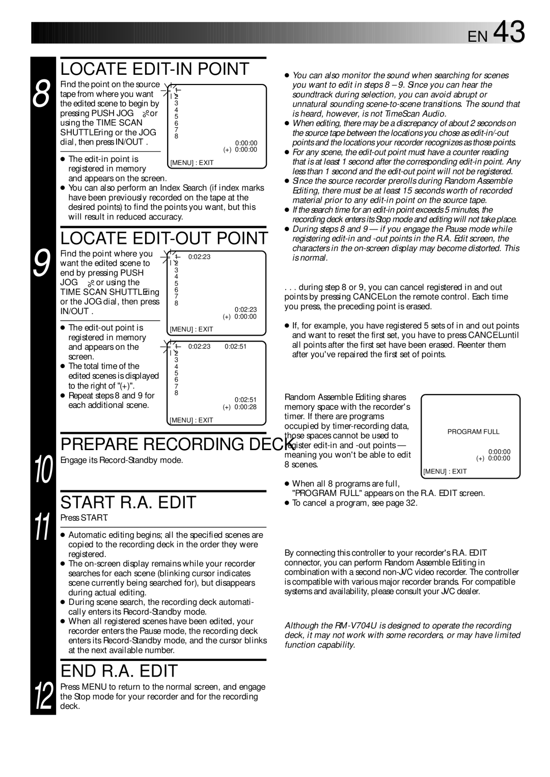 JVC HR-S9400EH specifications Locate EDIT-IN Point, Locate EDIT-OUT Point, Start R.A. Edit, END R.A. Edit 