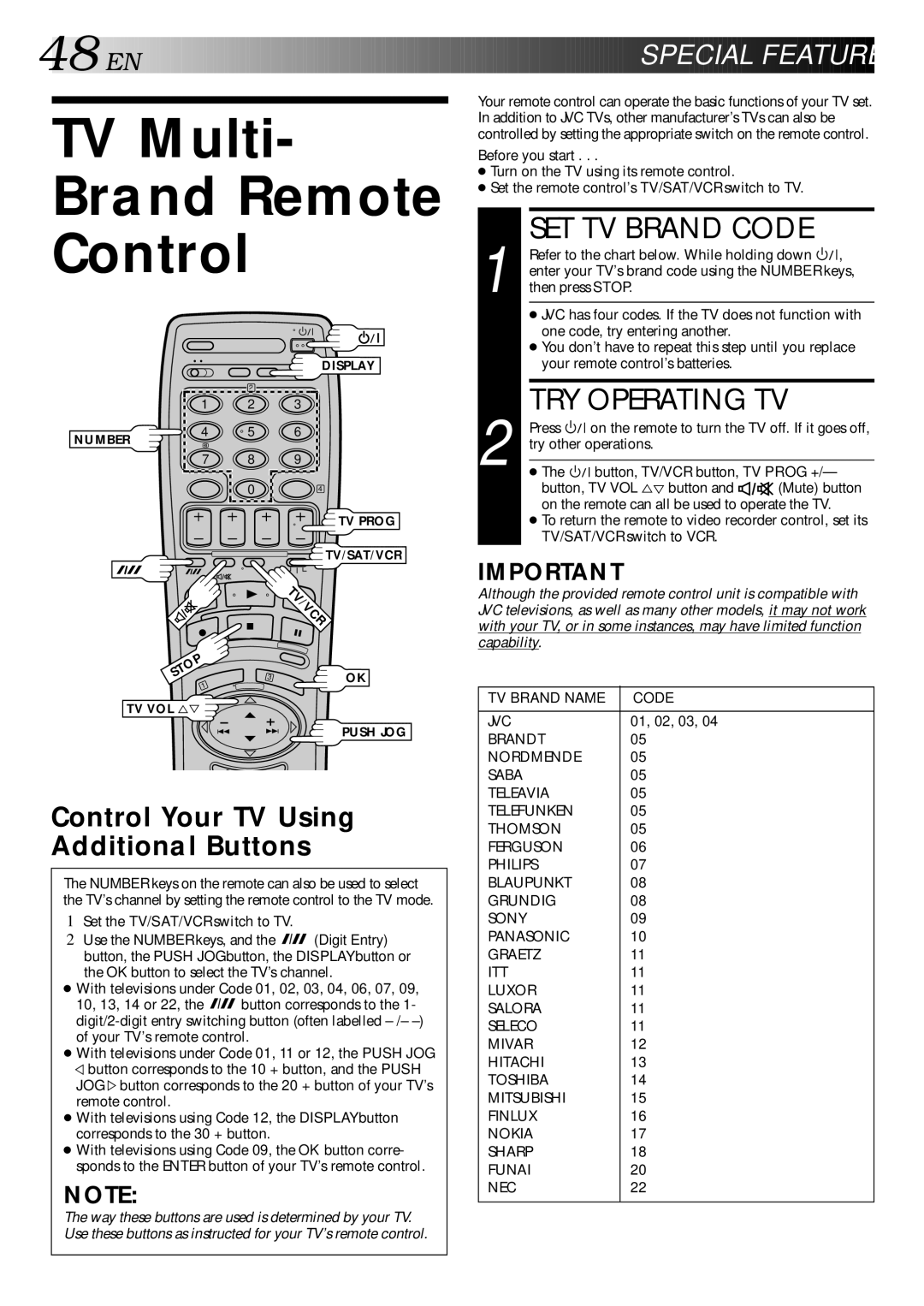 JVC HR-S9400EH specifications TV Multi Brand Remote Control, SET TV Brand Code, TRY Operating TV, EN Special Feat Ures 