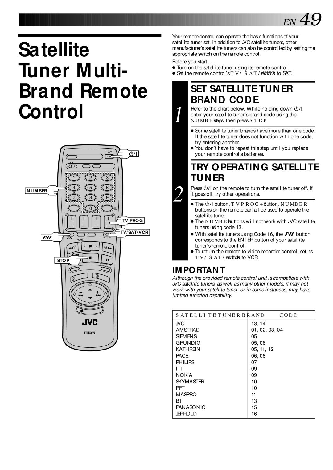 JVC HR-S9400EH specifications Satellite Tuner Multi, SET Satellite Tuner Brand Code, TRY Operating Satellite Tuner 