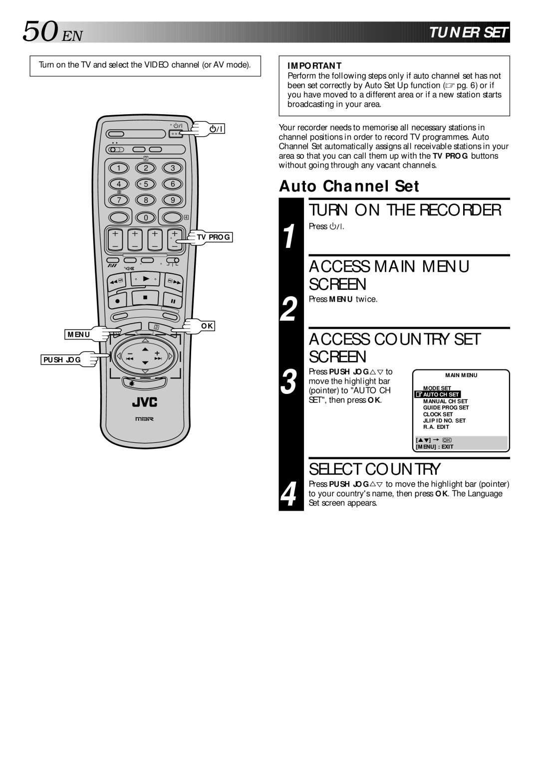 JVC HR-S9400EH specifications Access Country SET, Tuner SET, Auto Channel Set, Press Push JOG to 