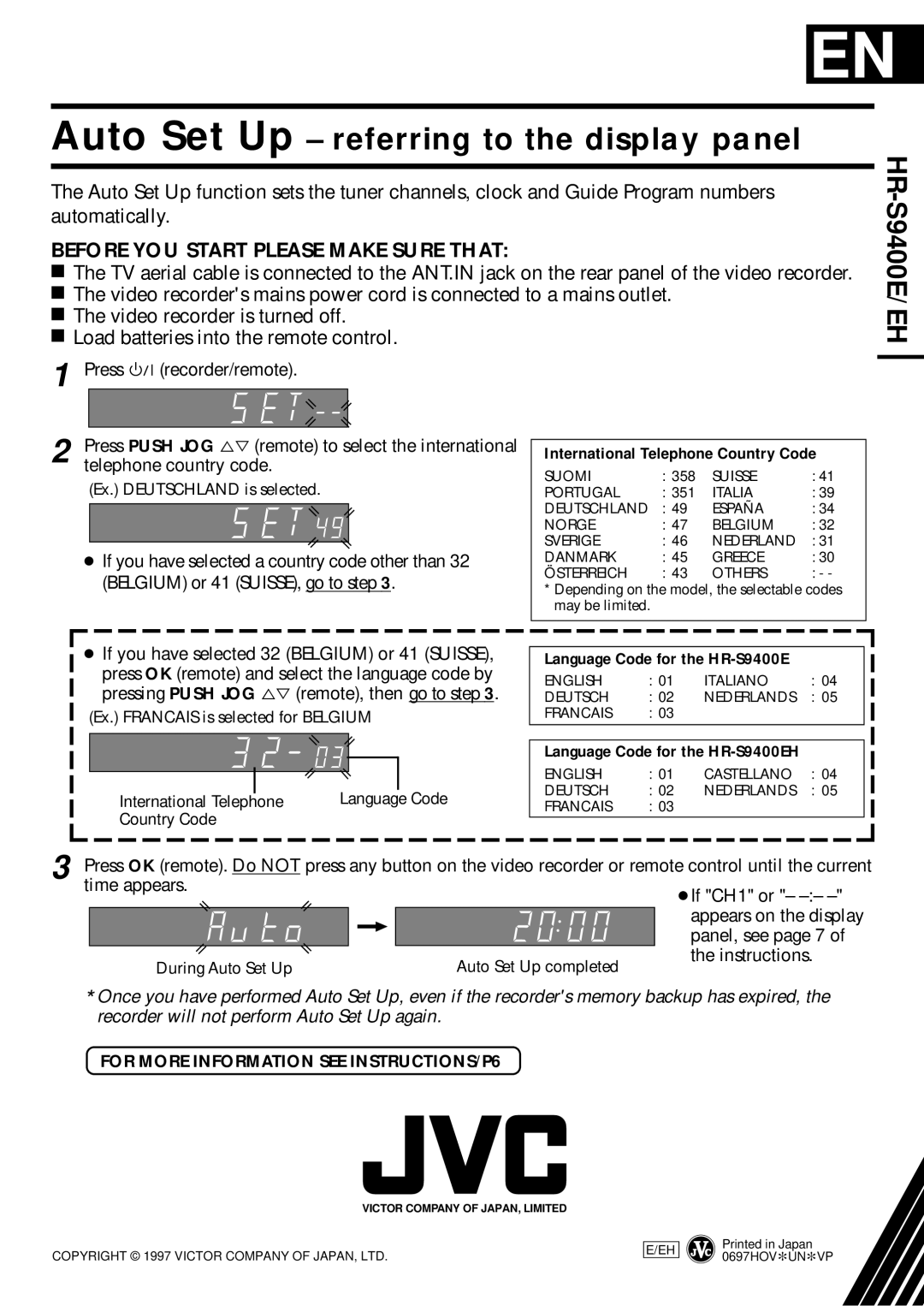 JVC HR-S9400EH specifications HR-S9400E/EH, International Telephone Country Code, Language Code for the HR-S9400E 