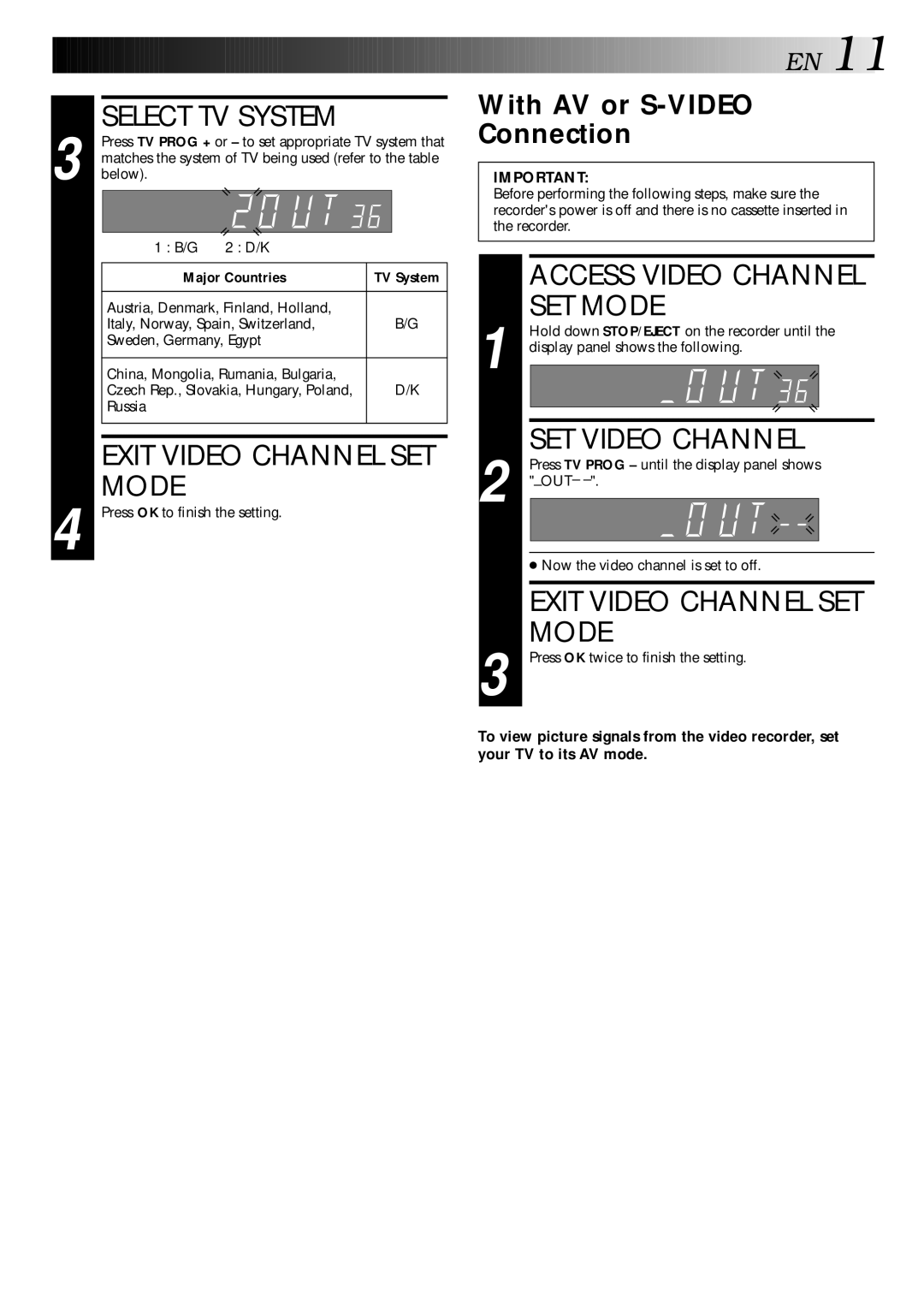 JVC HR-S9400EE specifications Select TV System, Exit Video Channel SET Mode, With AV or S-VIDEO Connection, Major Countries 