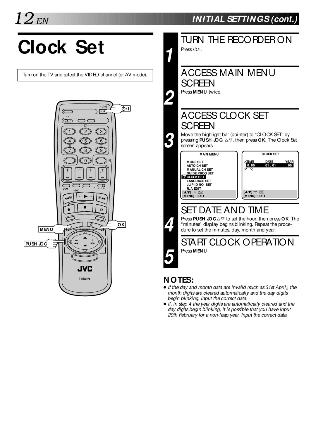 JVC HR-S9400EE specifications Clock Set, Turn the Recorder on, SET Date and Time, Start Clock Operation 