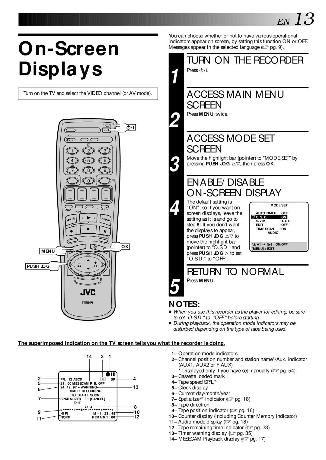 JVC HR-S9400EE specifications On-Screen Displays, ENABLE/DISABLE ON-SCREEN Display, 14 3 