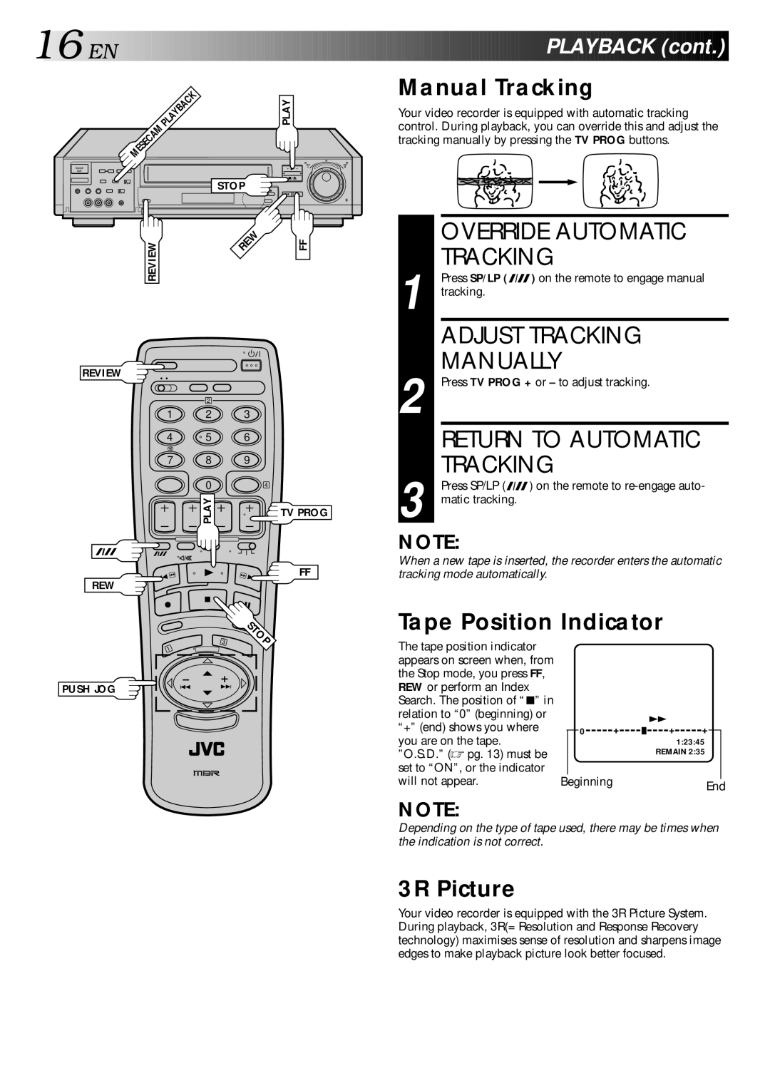 JVC HR-S9400EE specifications Override Automatic, Adjust Tracking, Manually 