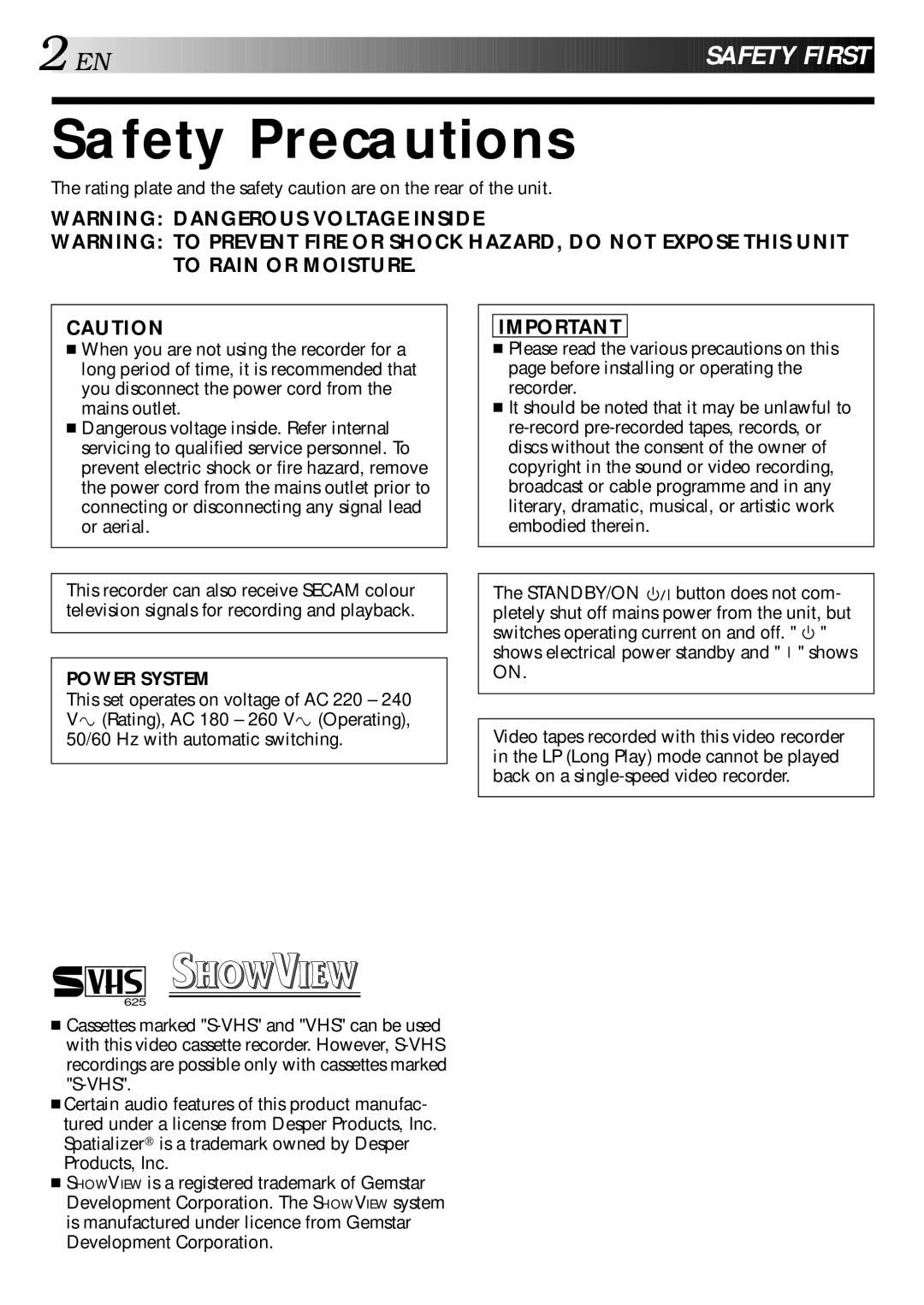 JVC HR-S9400EE specifications Safety Precautions, Safety First 