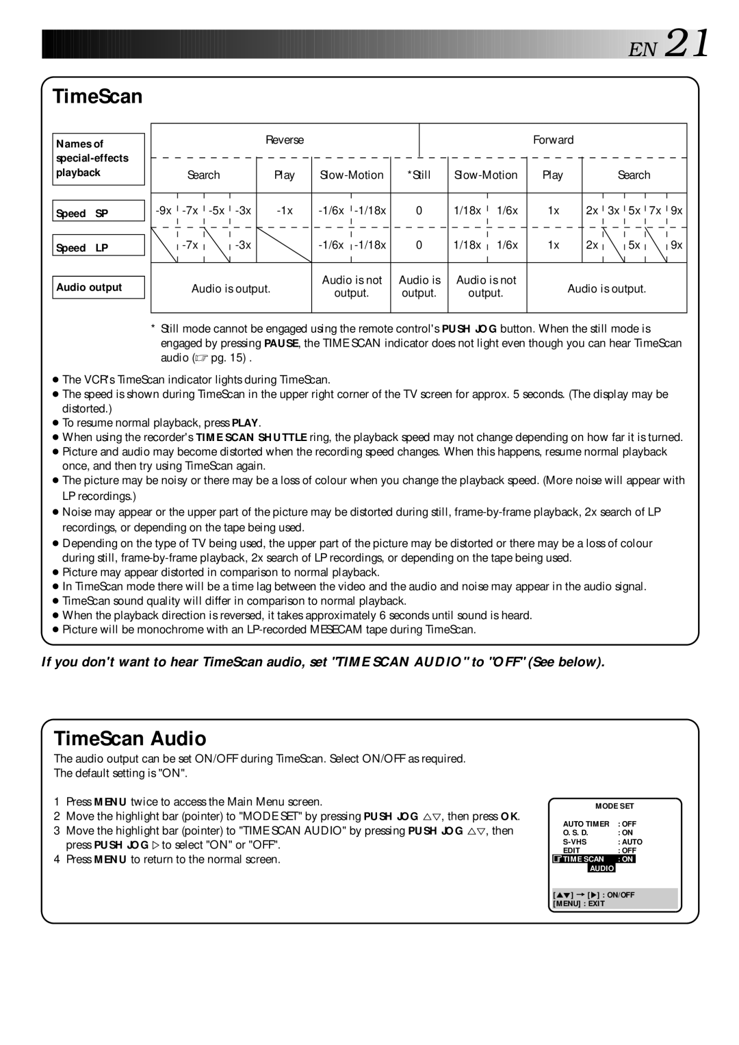 JVC HR-S9400EE specifications TimeScan Audio, Speed SP Speed LP Audio output 