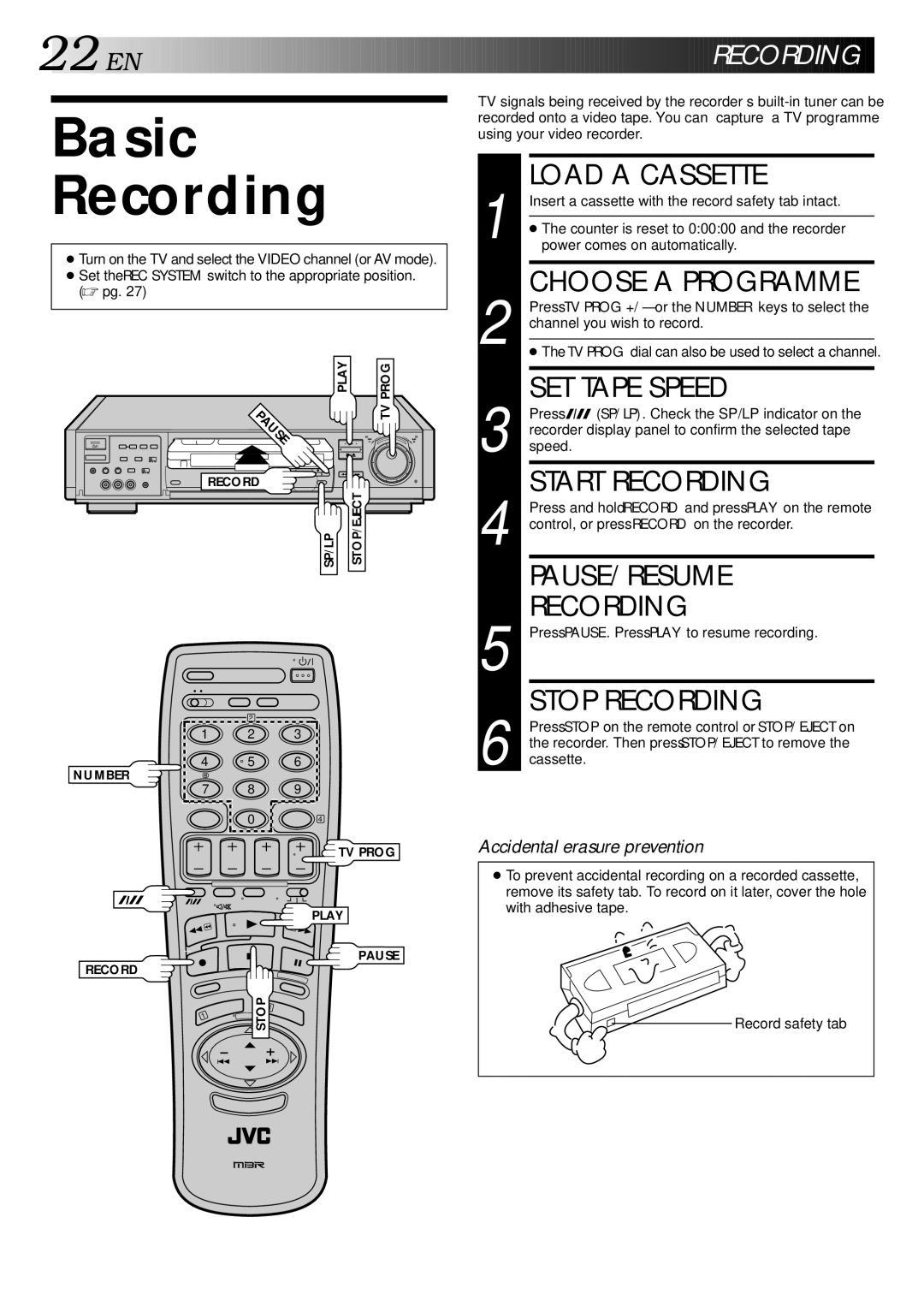 JVC HR-S9400EE specifications Basic Recording 