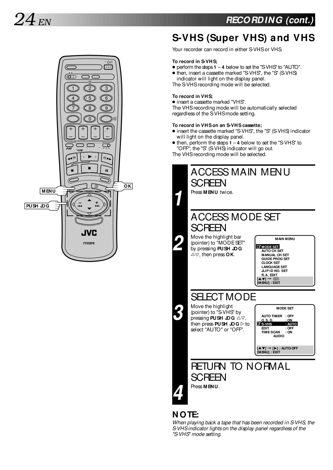 JVC HR-S9400EE specifications EN Recording, VHS Super VHS and VHS 