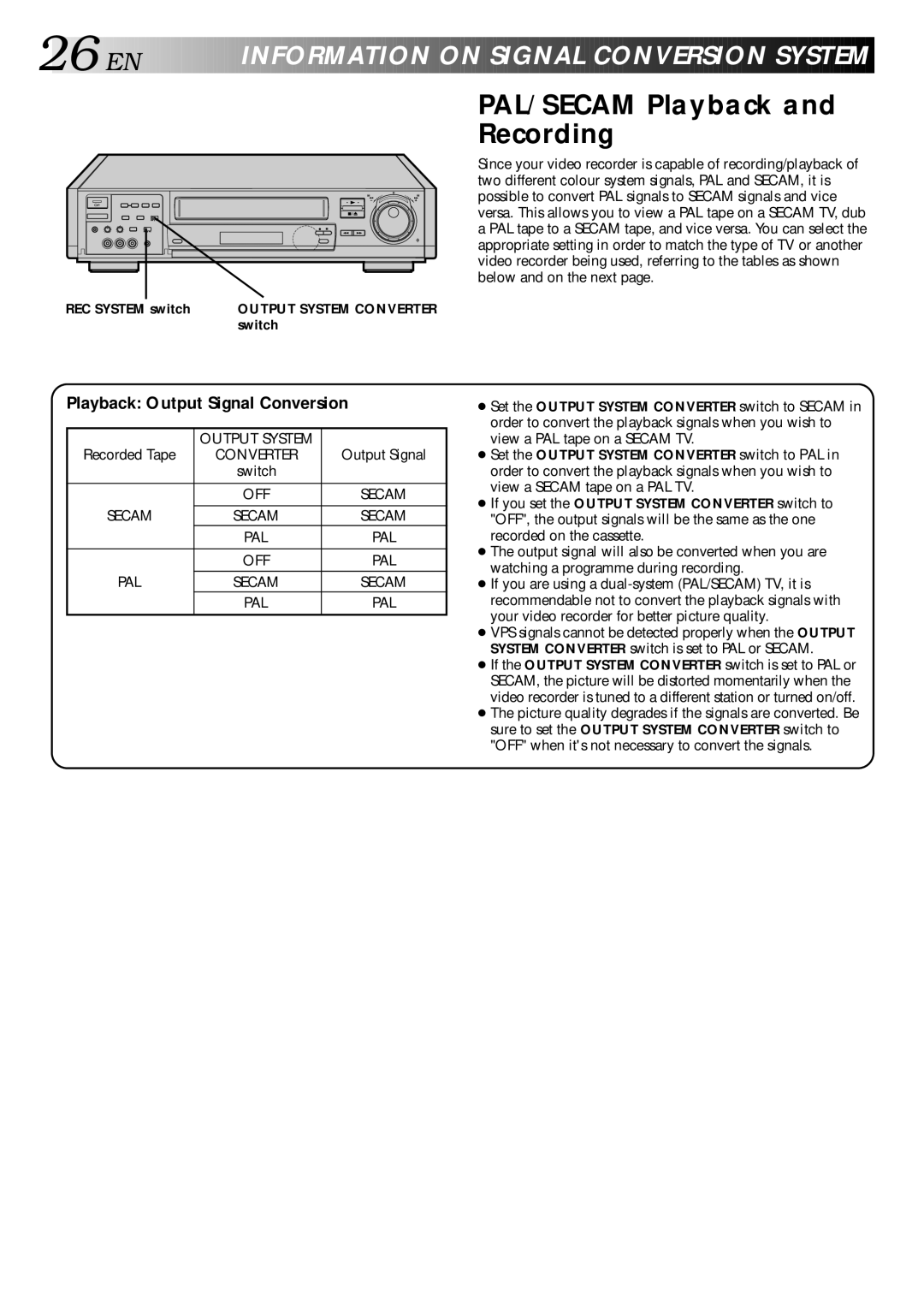 JVC HR-S9400EE specifications PAL/SECAM Playback and Recording, REC System switch, Switch 