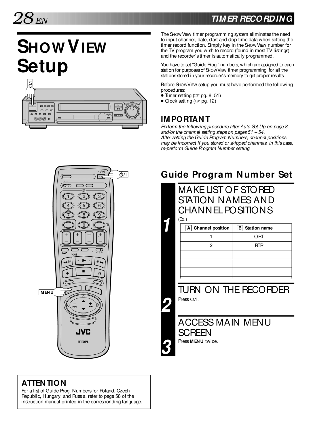 JVC HR-S9400EE Setup, Make List of Stored Station Names Channel Positions, Access Main Menu Screen, Timer Recording 