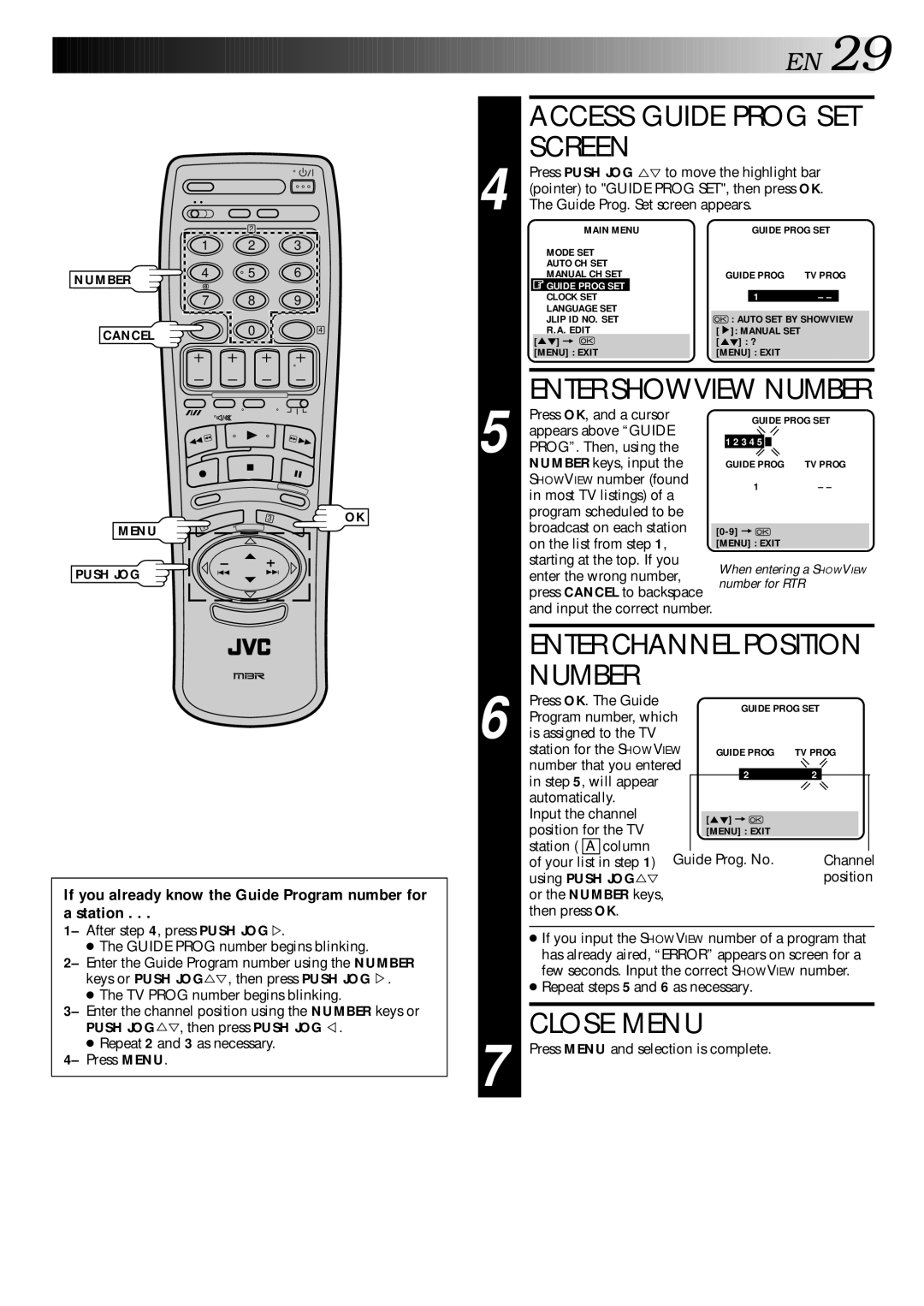 JVC HR-S9400EE specifications Access Guide Prog SET Screen, Number, Close Menu 