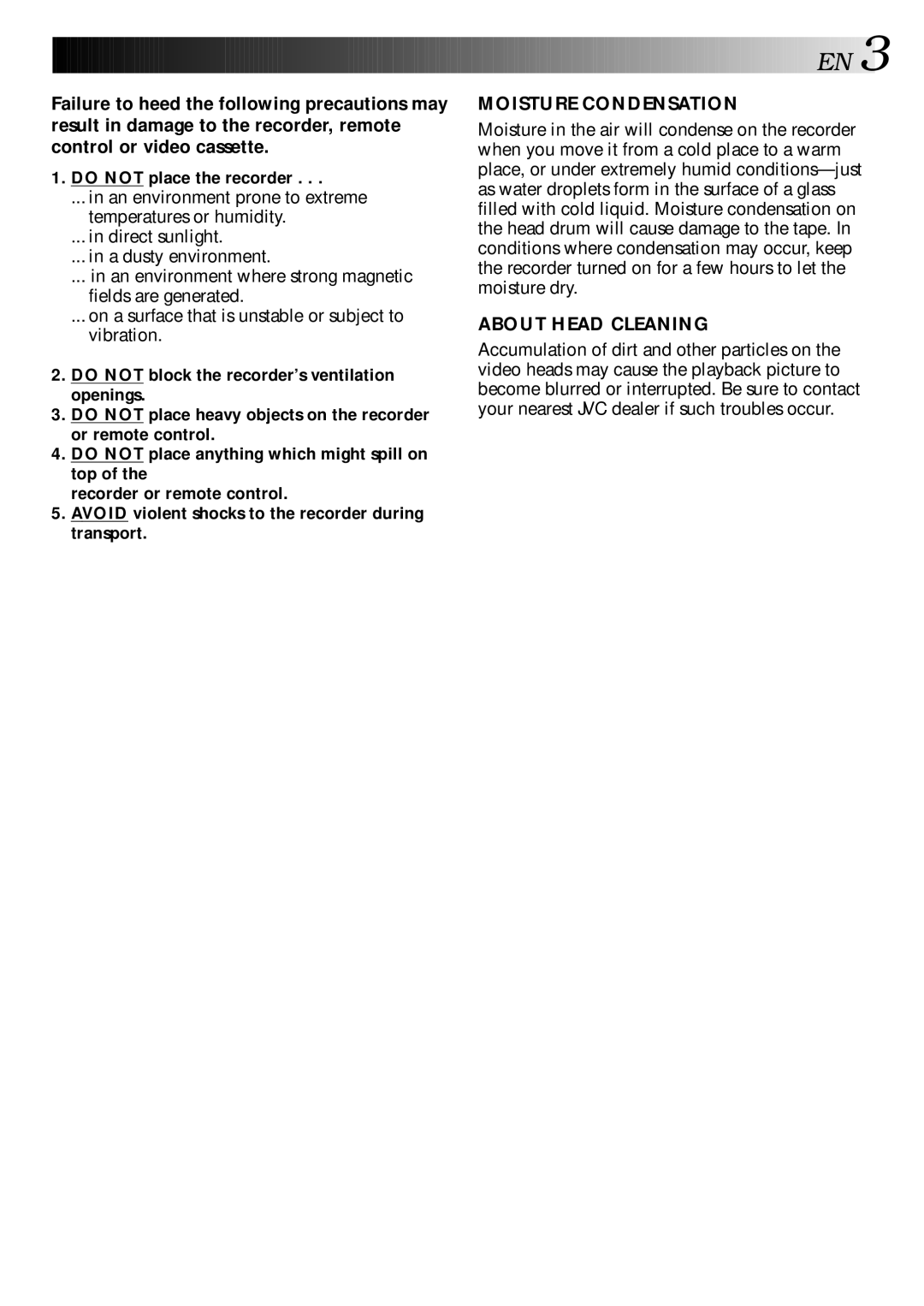 JVC HR-S9400EE specifications Moisture Condensation 