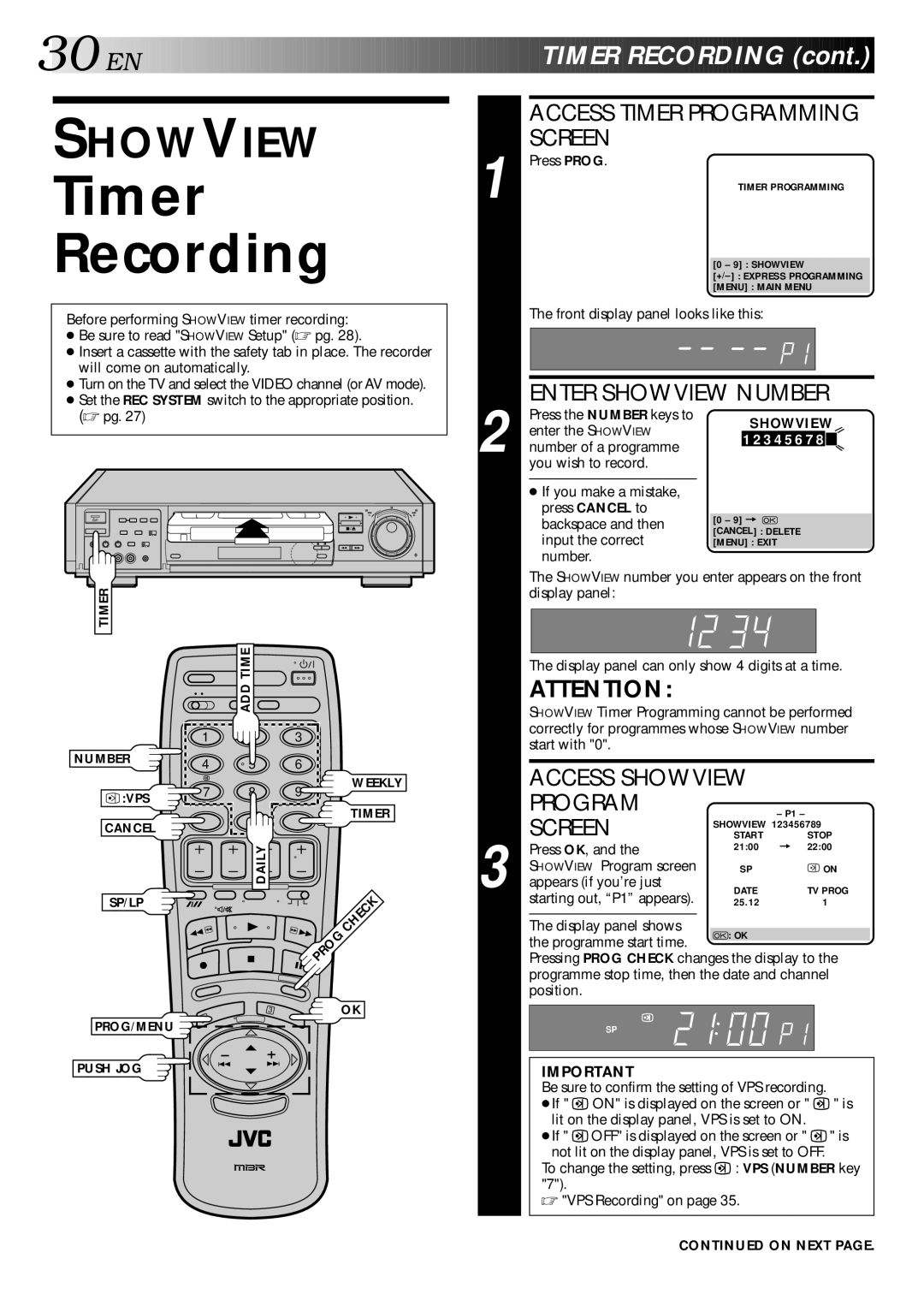 JVC HR-S9400EE specifications EN Timer Recording, On Next 