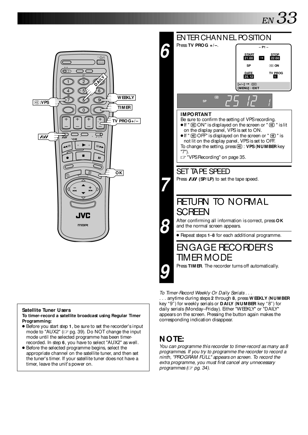 JVC HR-S9400EE specifications Engage RECORDER’S, Timer Mode, Press TV Prog + 