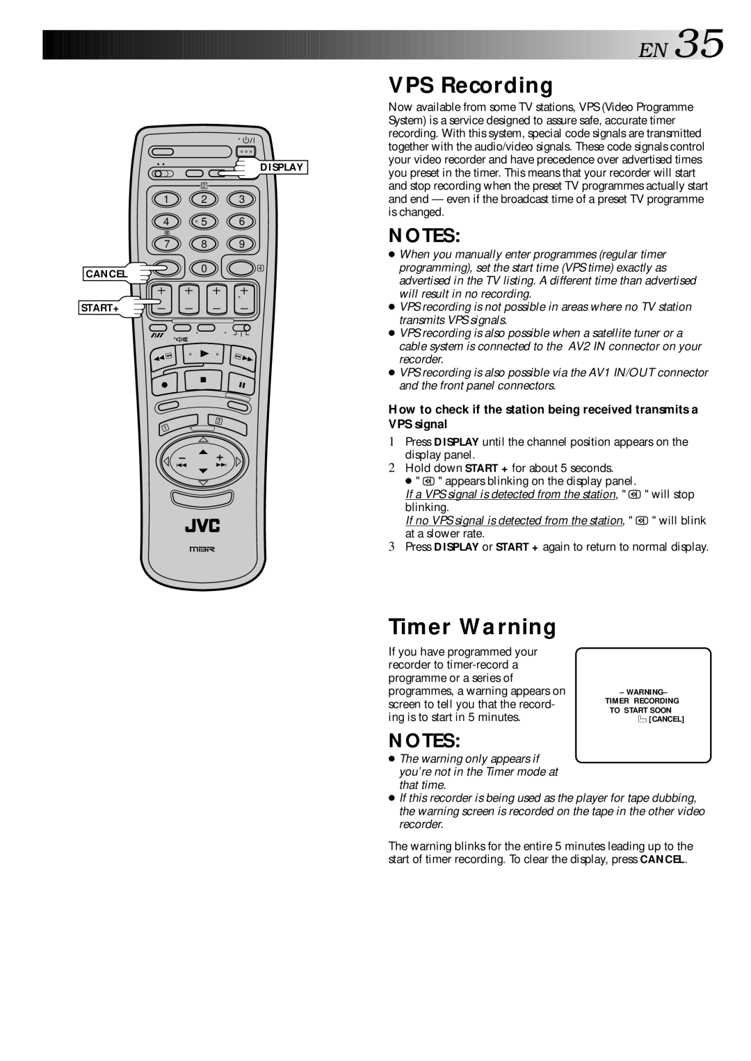 JVC HR-S9400EE specifications VPS Recording, Timer Warning, Press Display or Start + again to return to normal display 