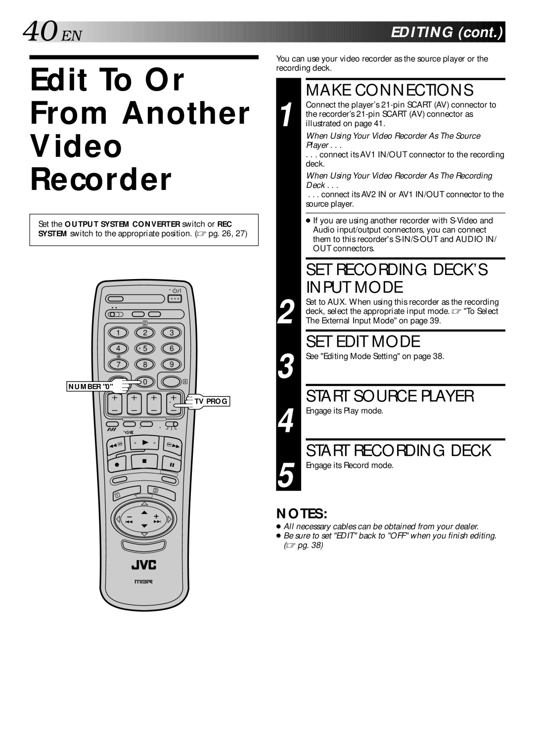 JVC HR-S9400EE specifications Edit To Or From Another Video Recorder 