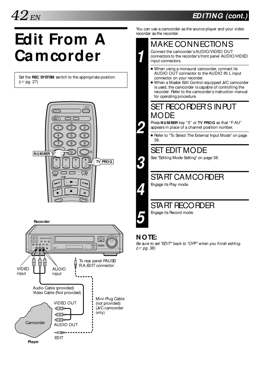 JVC HR-S9400EE specifications Edit From a Camcorder, SET RECORDER’S Input Mode, Start Camcorder, Start Recorder 