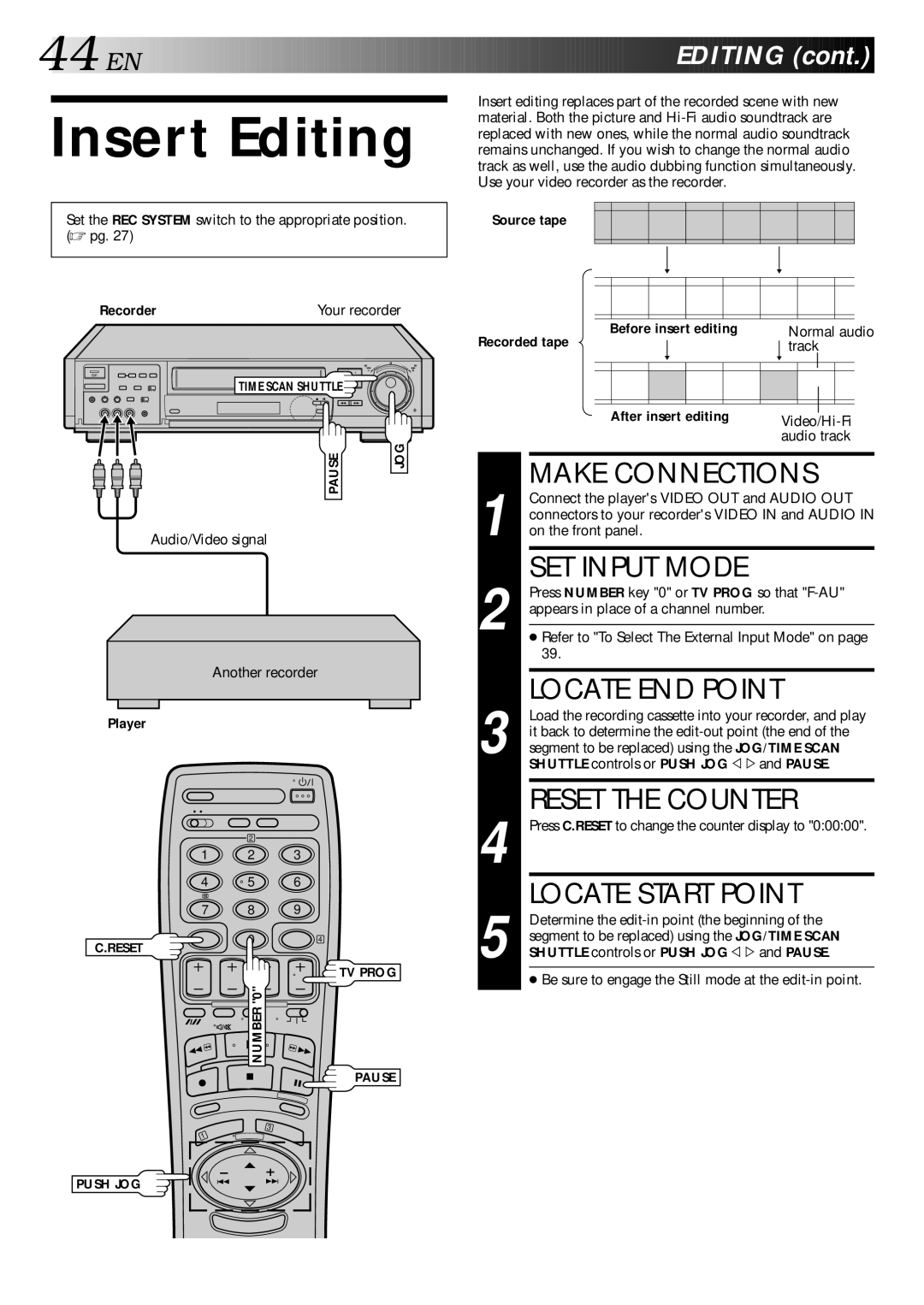 JVC HR-S9400EE specifications Locate END Point, Reset the Counter, EN Editing 