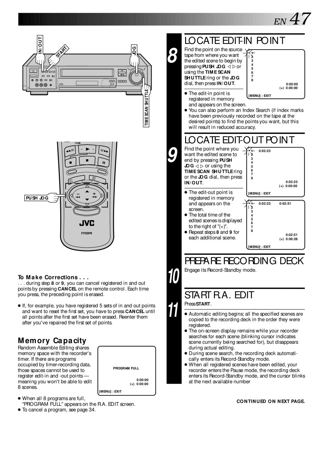 JVC HR-S9400EE specifications Locate EDIT-IN Point, Locate EDIT-OUT Point, Start R.A. Edit, To Make Corrections, In/Out 