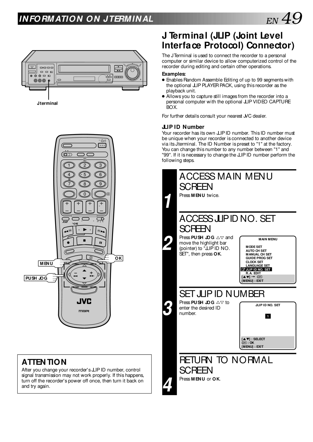 JVC HR-S9400EE Access Jlip ID NO. SET Screen, SET Jlip ID Number, Return to Normal Screen, Information on J Terminal E N 