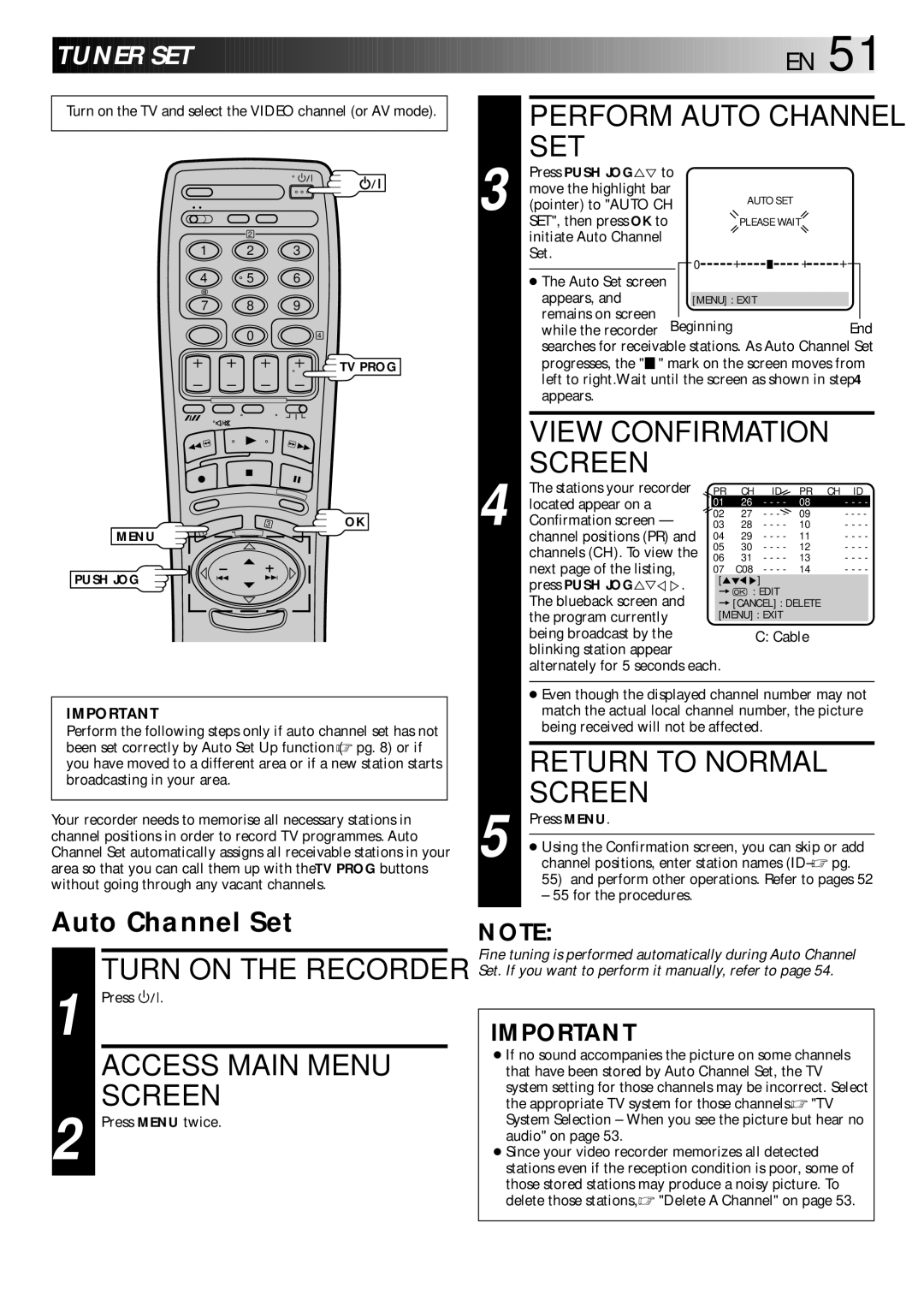 JVC HR-S9400EE specifications Perform Auto Channel SET, View Confirmation Screen, Tuner SET, Press Push JOG 