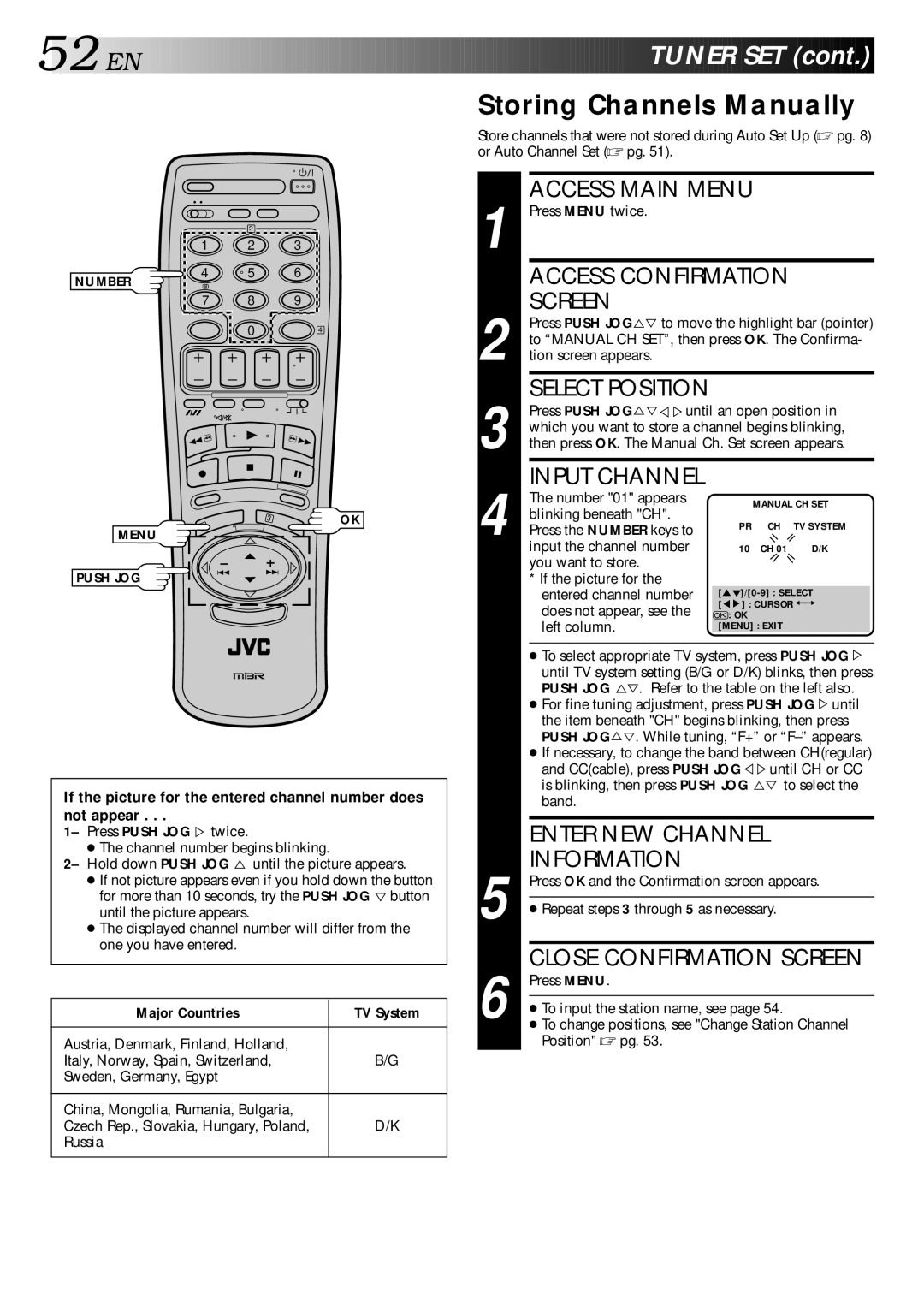 JVC HR-S9400EE specifications Storing Channels Manually, Major Countries TV System 